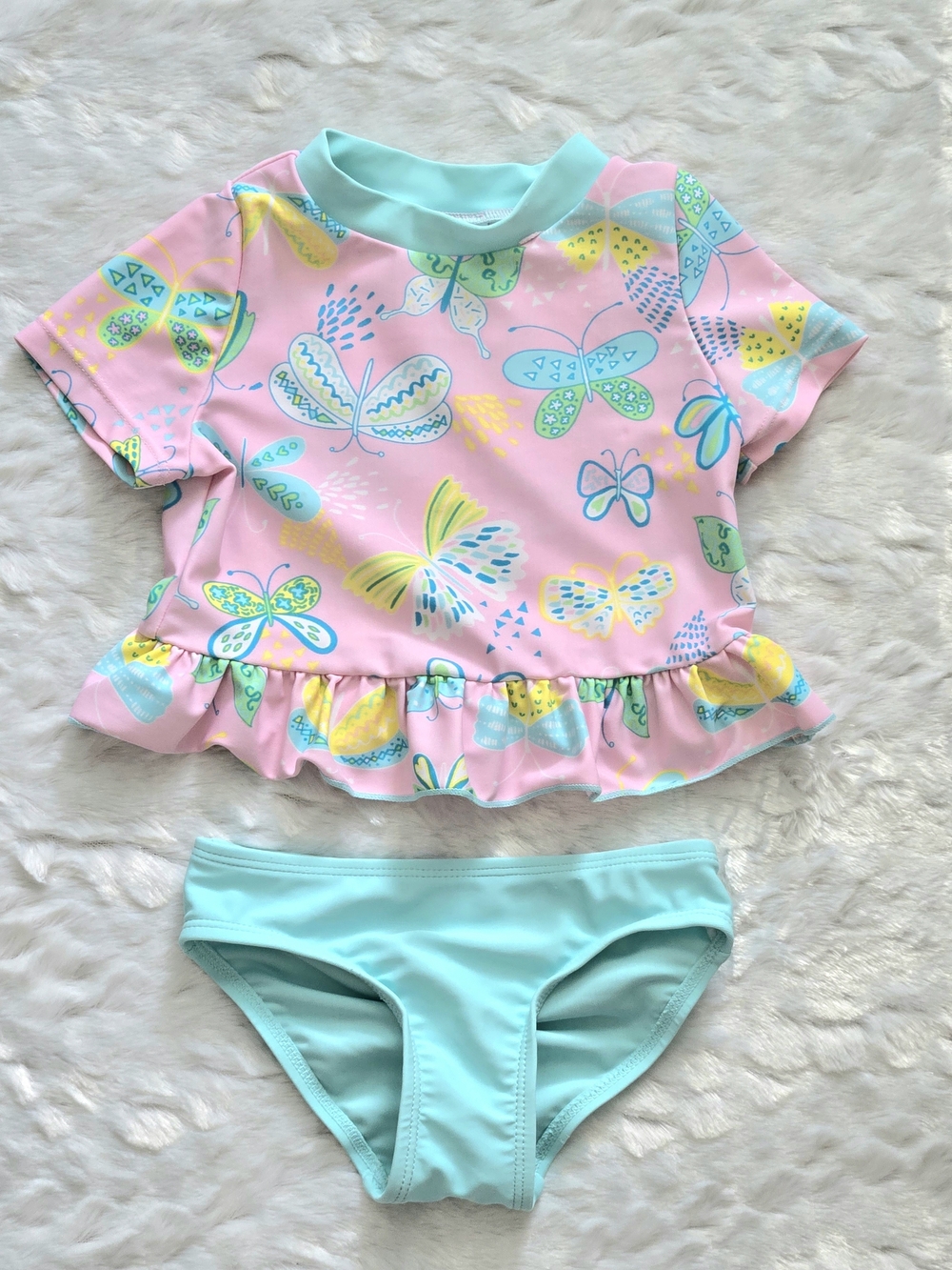 Floatimini 2Pc Pink Butterfly Ruffle Rash Guard Set w/ Aqua Bottoms SZ 12 Mo